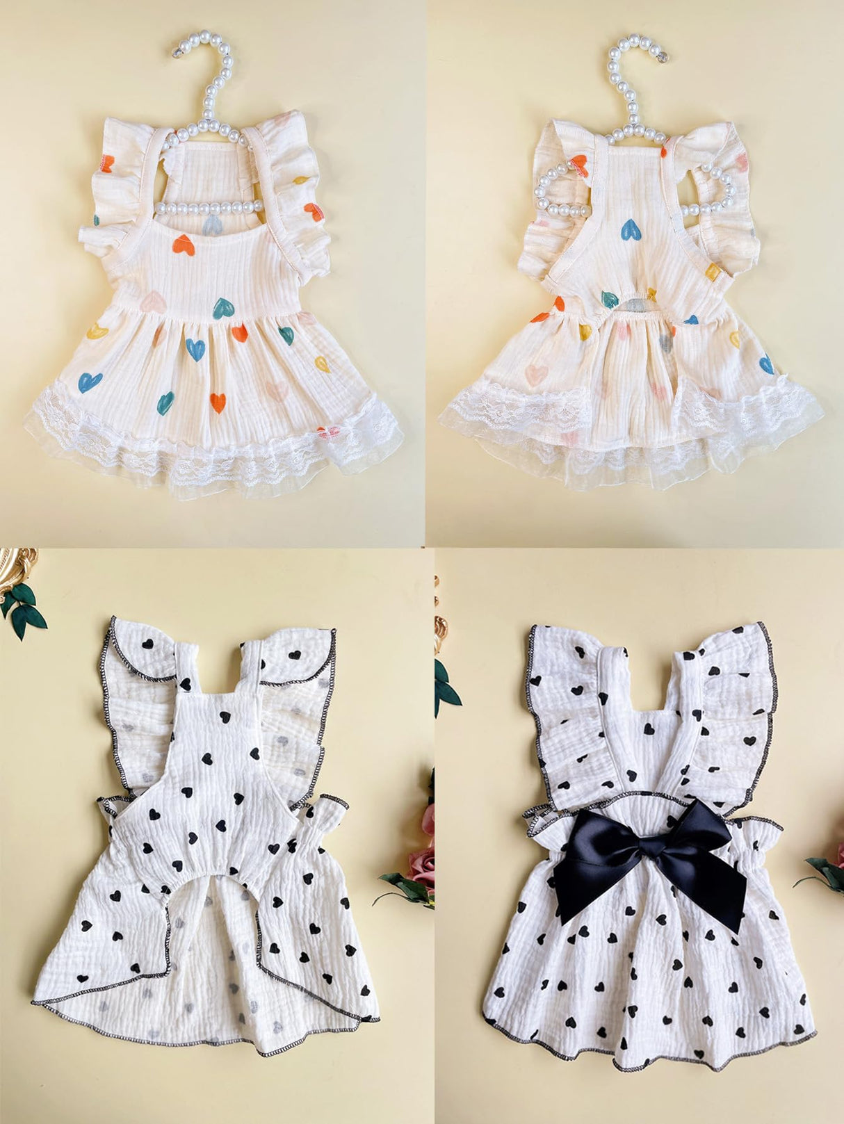 QWINEE 2pc Cute Heart Pattern Dog Dress Ruffle Trim Princess Dress Cat Vest Dress Lace Trim Summer Dress Pet Clothes for Small Medium Cats Dogs Kitten Puppy Black Multi Medium