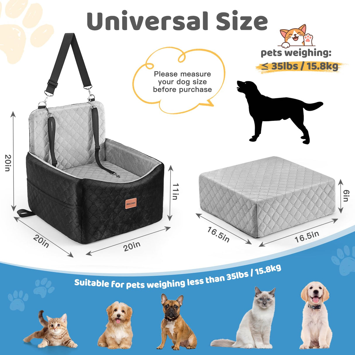 Mmczwgc Dog Car Seat for Small/Medium Dogs Under 35 lbs – Pet Booster Seat with 6-inch Memory Foam, Dog Car Bed with Removable and Washable Cover, 2 Safety Belts and 2 Storage Bags
