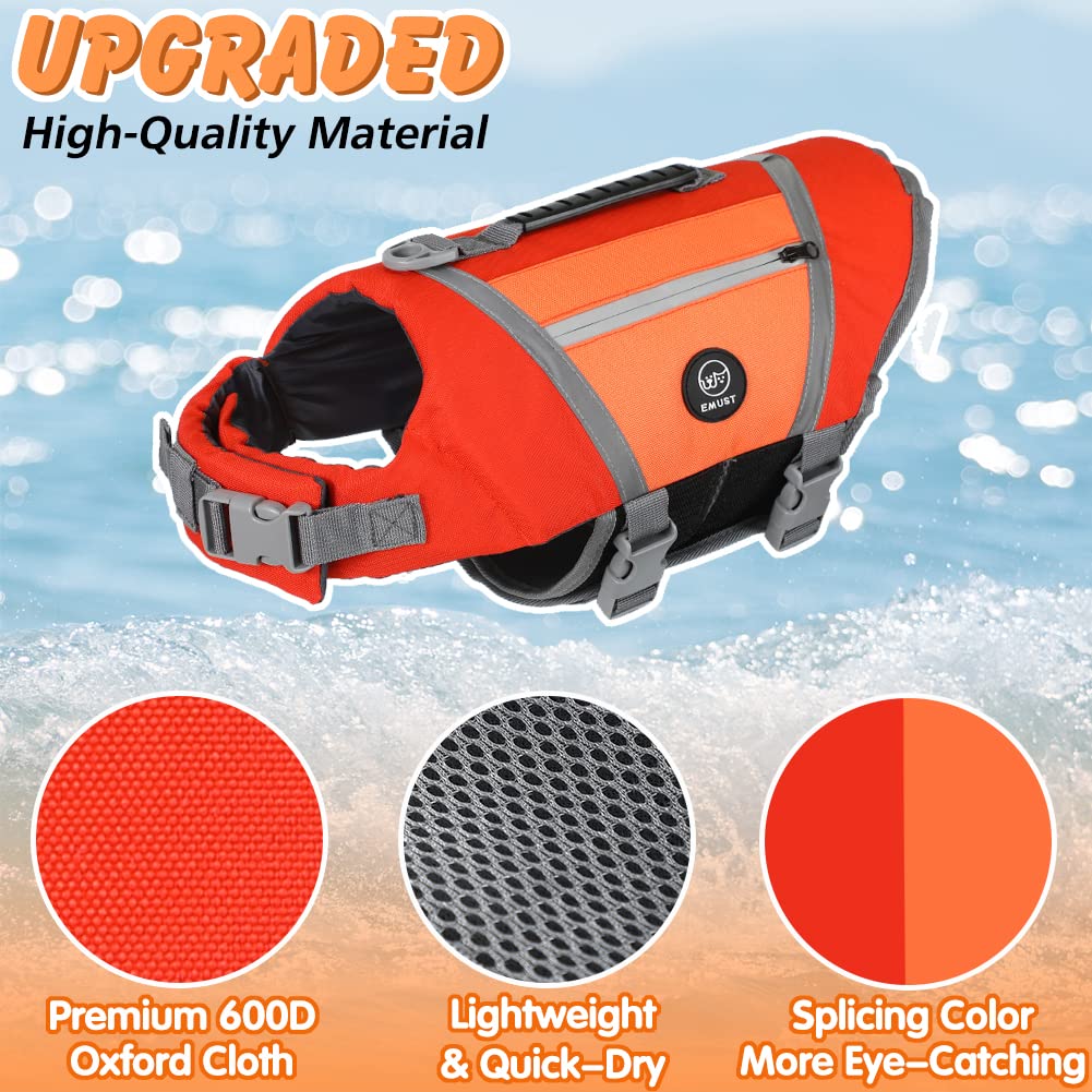 EMUST Dog Life Vests for Swimming, Adjustable Dog Life Jackets for Small Dogs with Hook & Loop, Reflective Dog Swim Vest with Quick-Release Buckles for Bulldogs, Dachshunds, Corgis, Orange, S