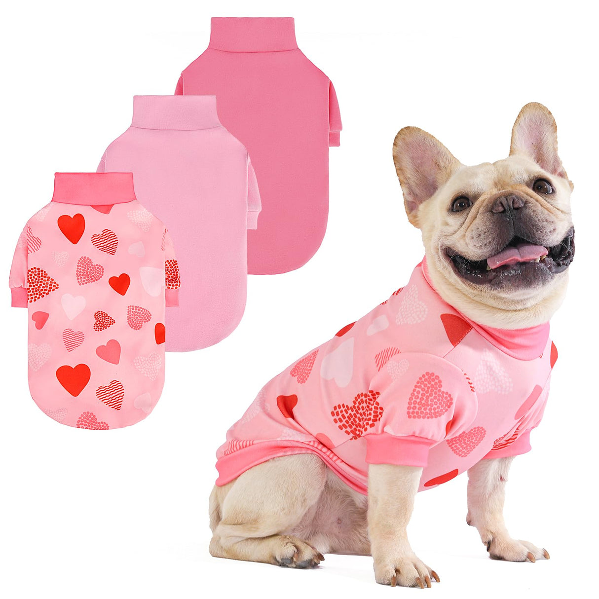 KOOLTAIL Valentine's Day Dog Sweater for Small Dogs, 3 Pack Fleece Puppy Shirt Turtleneck Pullover Clothes with Love Heart Partten, Fuzzy Soft Warm Pet Winter Cold Weather Coat, Girl Boy, Pink S