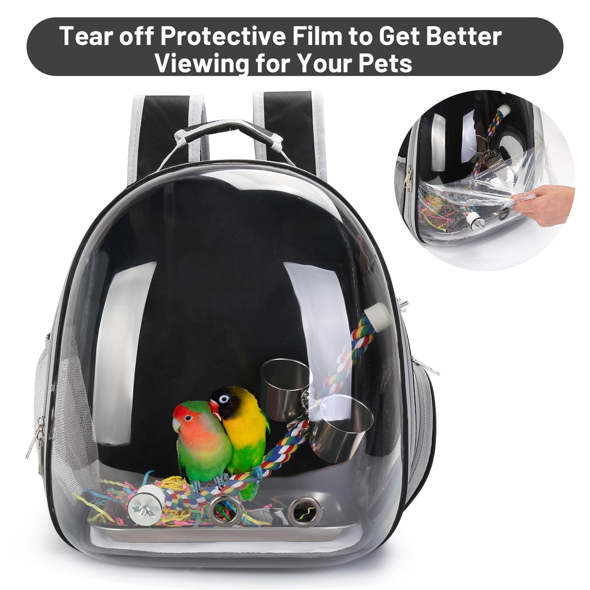 Bird Backpack Carrier, Travel Bird Cage for Small Medium Size Parrot Parakeet Budgies Cockatiel, Portable Clear Bubble Window Bag with Stainless Steel Tray Food Bolw Standing Perch (Black)