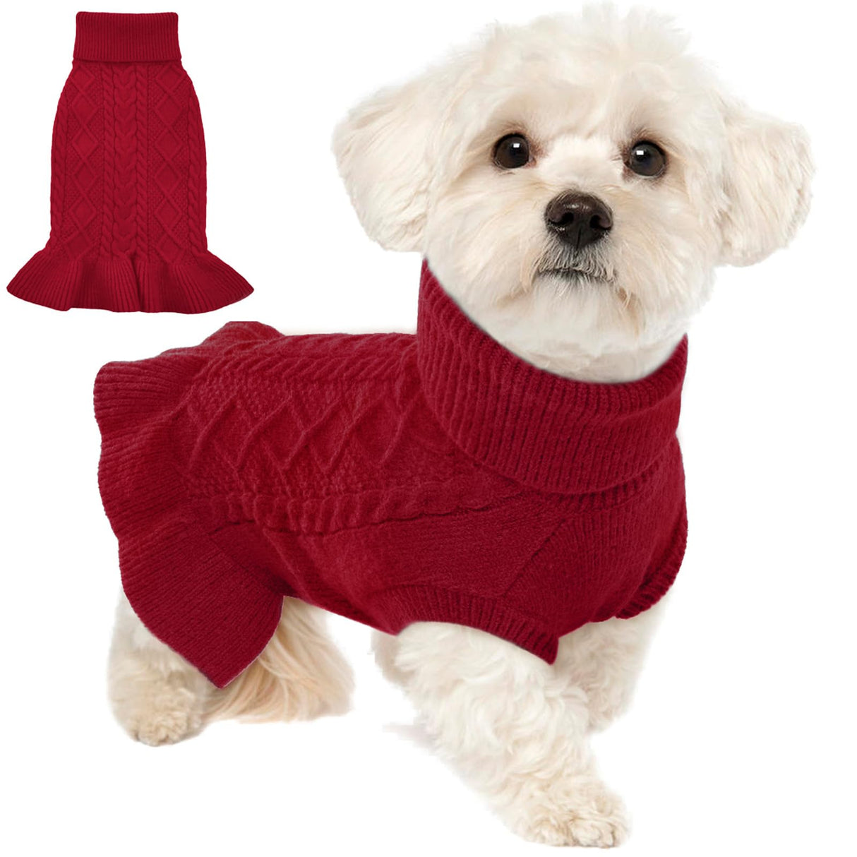 LeLePet Dog Sweater Christmas Turtleneck Knitwear Sweatshirt Cable Knit Warm Dress for Small Medium Large Dogs Puppy Fall Sweater, Dachshund, Shih Tzu, L, Red