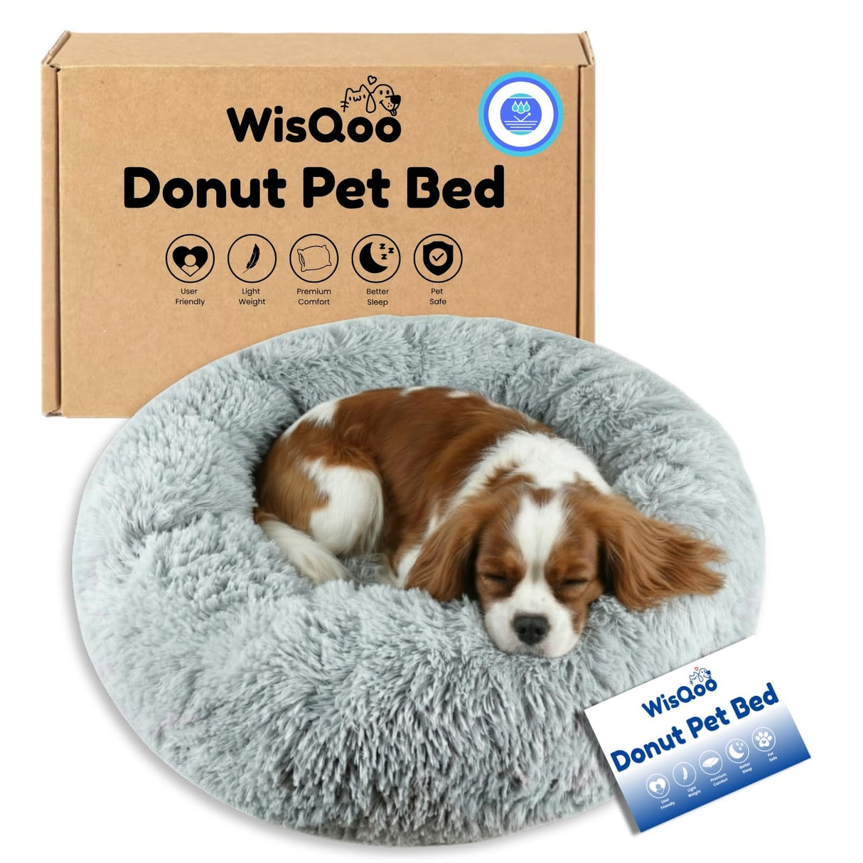 WisQoo Calming Pet Bed with Water-Resistant Inner Liner – Anti-Anxiety Donut Dog & Cat Bed with Removable Washable Cover – Supportive Plush Nest, Non-Slip & Cushion Protection – Large, Grey
