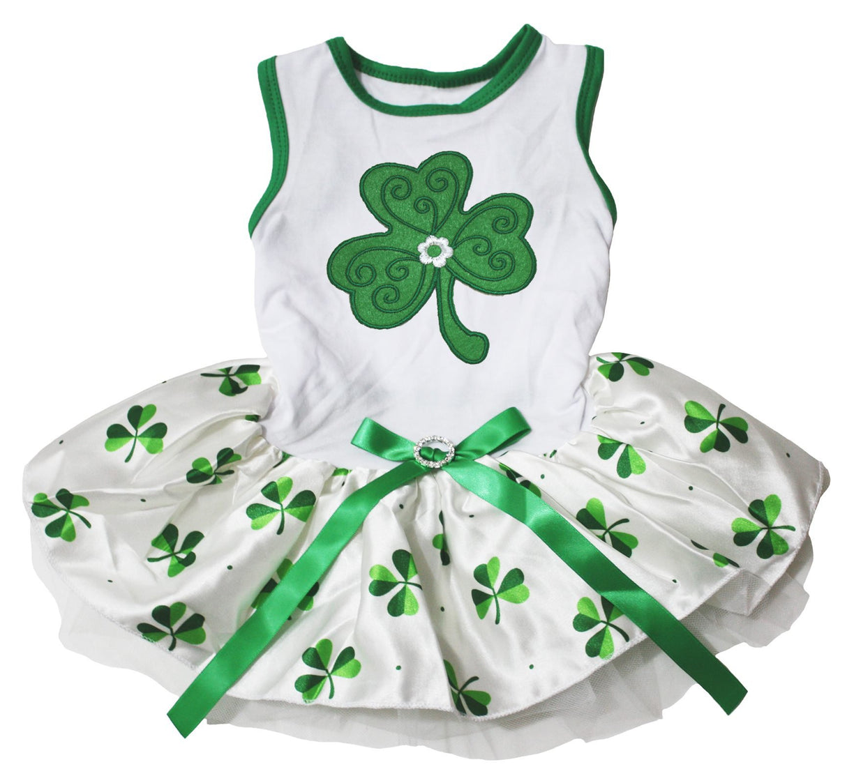 Petitebella Green Clover Puppy Dog Dress (White/Clovers, Small)