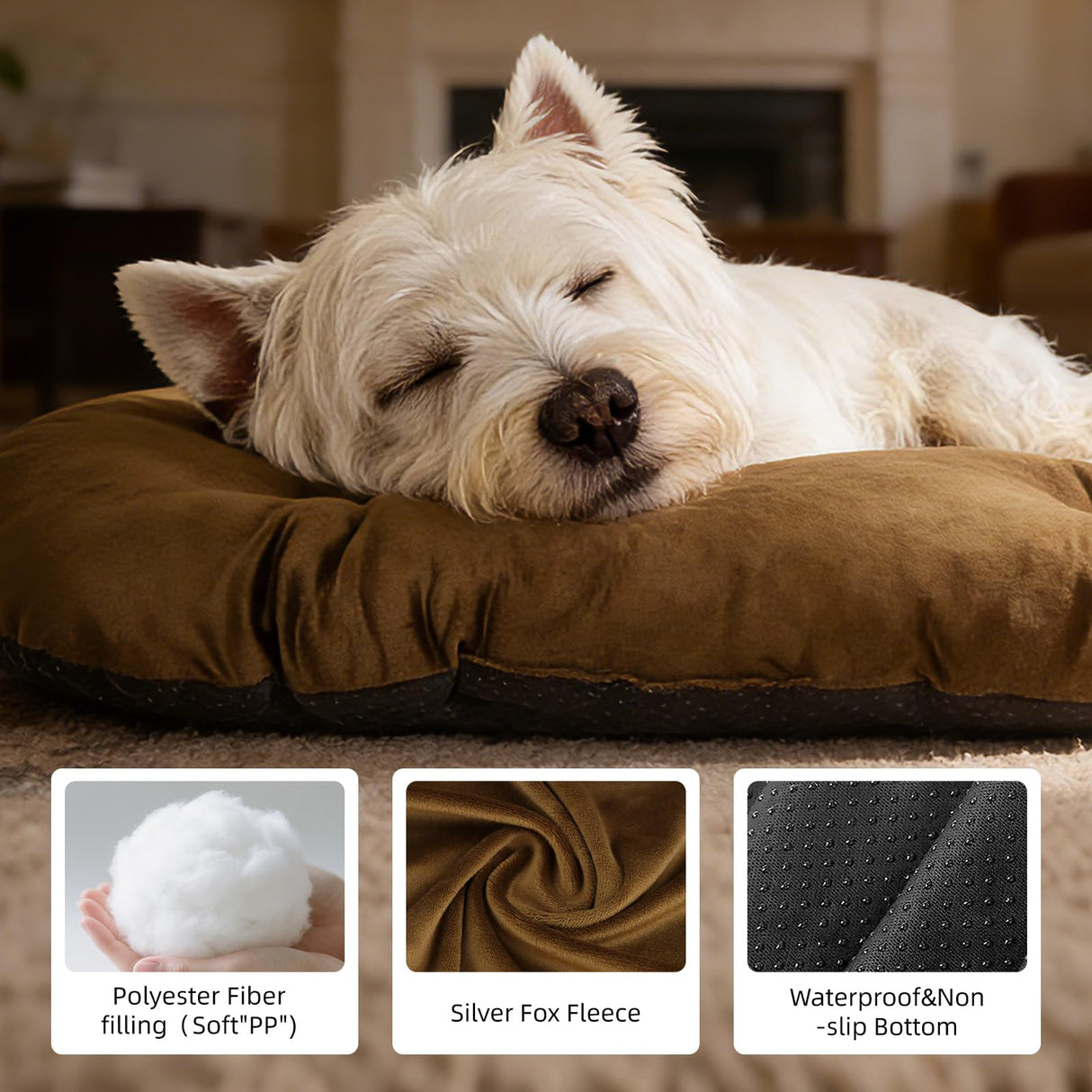 VERABE Washable Dog Bed for Extra-Large Dogs, 41x27 Inch Short Plush Oval Crate Pad with Non-Slip Bottom, Silver-Tipped High-Resilience Pet Mat,Brown