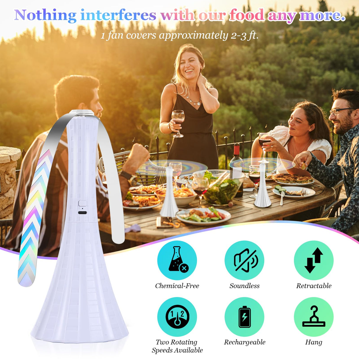 Rechargeable Fly Fans for Tables, Belfans Fly Fans for Outdoor Tables USB, Fly Fans to Keep Flies Away by Soft Blades, Food Fans for Camping, Picnic, Fishing, Fly Repellent Outdoor Patio, 3pcs, White