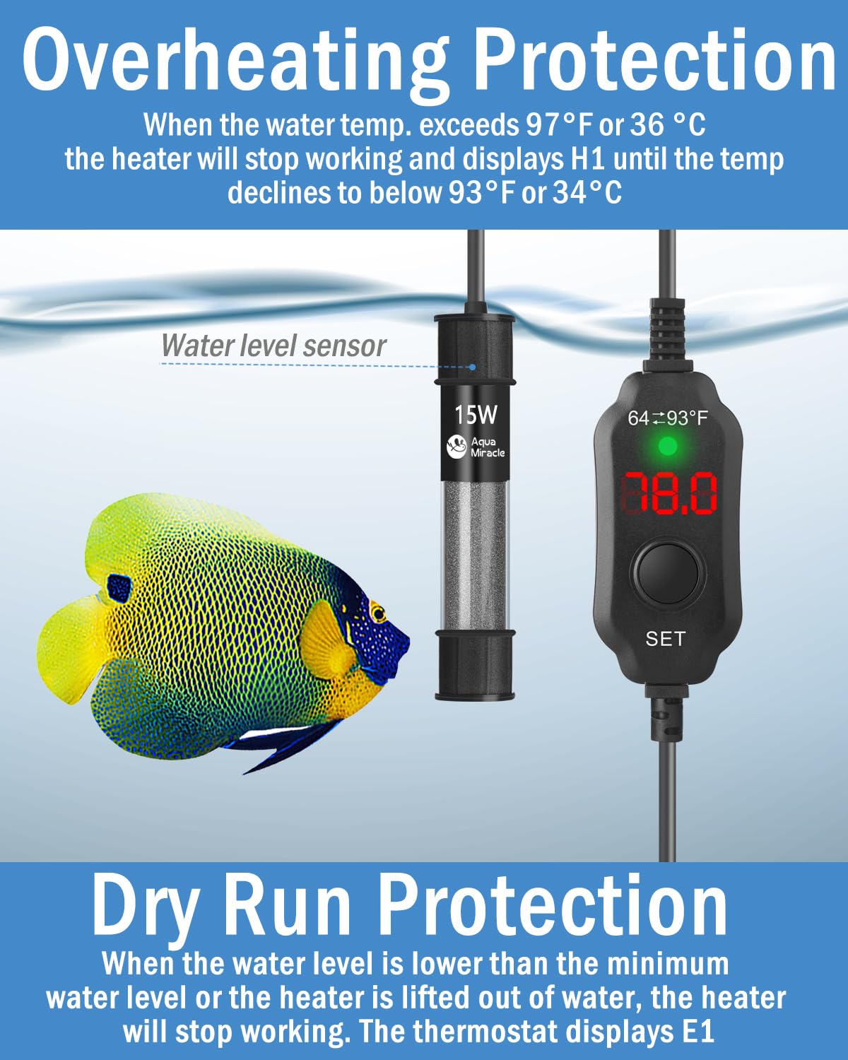AquaMiracle Adjustable 15W Aquarium Heater Submersible Fish Tank Heater Super Short Aquarium Heater with LED Digital Display Thermostat, for Tanks 1-3 Gallons