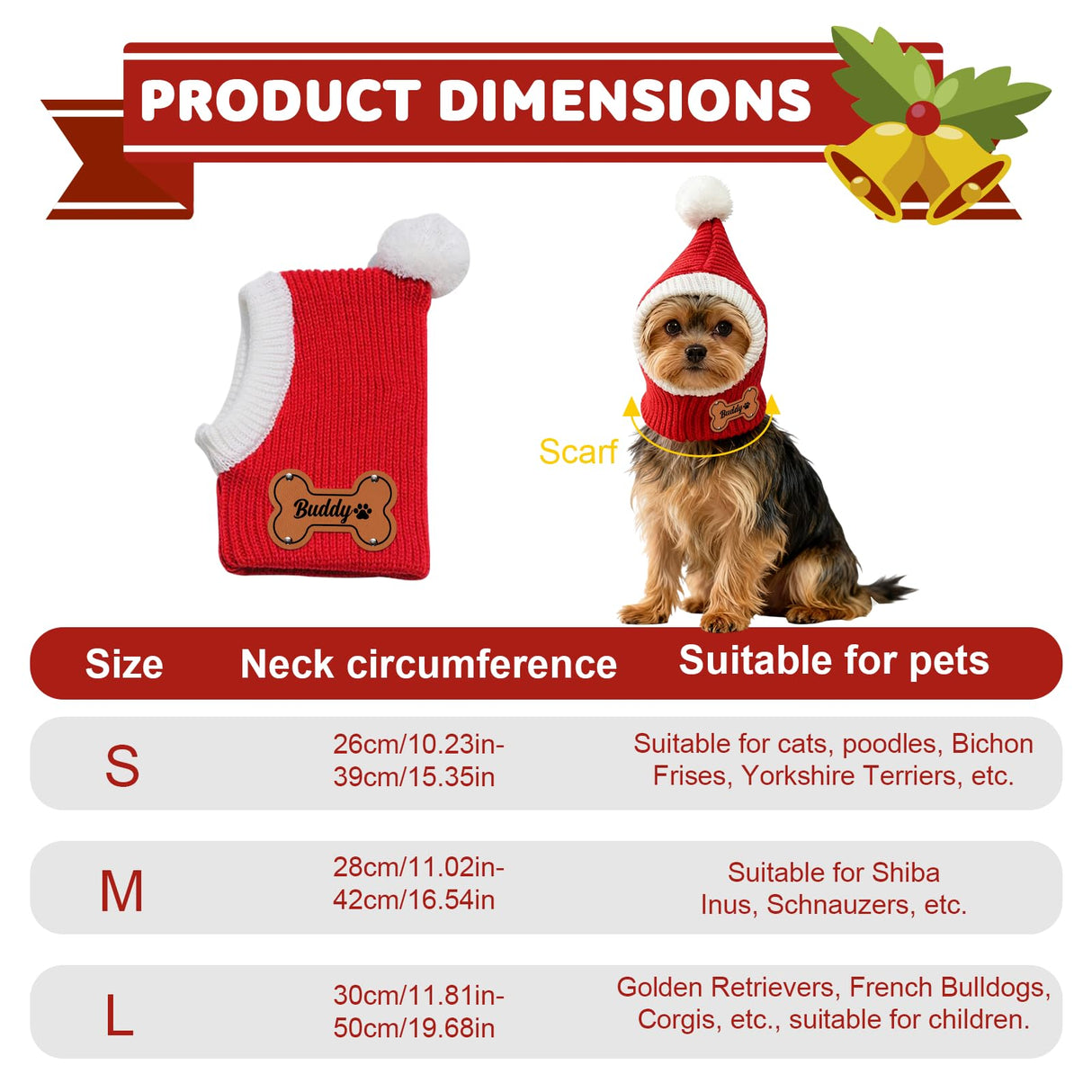 DYOART Custom Dog Beanie with Leather Patch Name, Personalized Santa Hat for Dog, 2025 Christmas Hats for Dog & Cat, Pom Pom Winter Hat for Small Medium Large Dogs Cats
