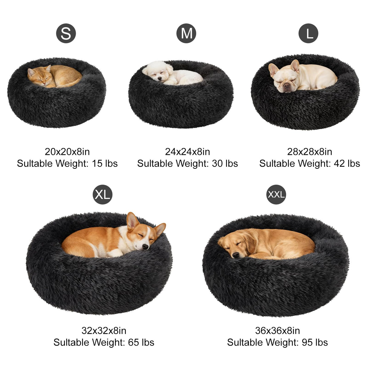 Dog Calming Beds for Small Medium Large Dogs - Round Donut Washable Puppy Dog Bed, Anti-Slip Faux Fur Fluffy Donut Cuddle Anxiety Cat Pet Bed(20" Black