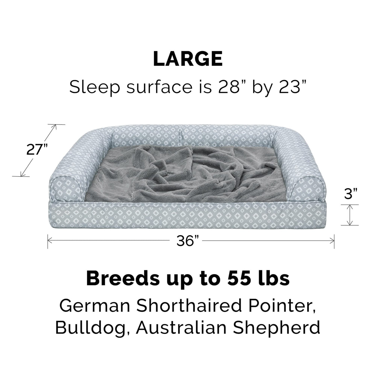 Furhaven Cozy Memory Foam Dog Bed for Large/Medium Dogs w/ Removable Bolsters & Washable Cover, For Dogs Up to 55 lbs - Plush & Diamond Print Nest Top Sofa - Gray, Large