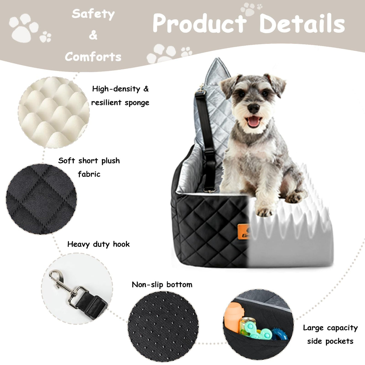 Eimuzure 6" Elevated Dog Booster Seat for Small & Medium Dogs up to 35 lbs – Memory Foam Car Bed with Washable Cover for Calmer Rides, Better Window View & Easy Cleaning