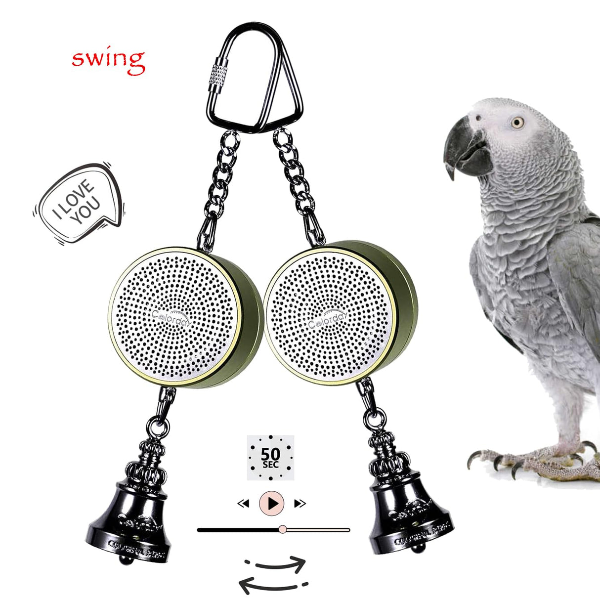 Colorday Bird Toys Parrot Talking Coach & Interactive Voice Bell for Parakeet, African Grey, Amazon Parrots, Quaker, Cockatiel, Conure (Green)