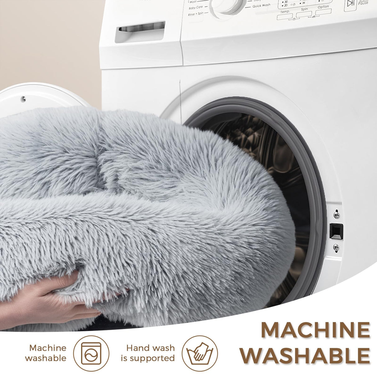 Calming Dog Bed & Cat Bed with Anti-Slip Bottom, Medium Size Washable Anti-Anxiety Donut Dog Beds for Medium Dogs, Fluffy Plush Cozy Round Dog Bed(27 Inch, Light Grey)