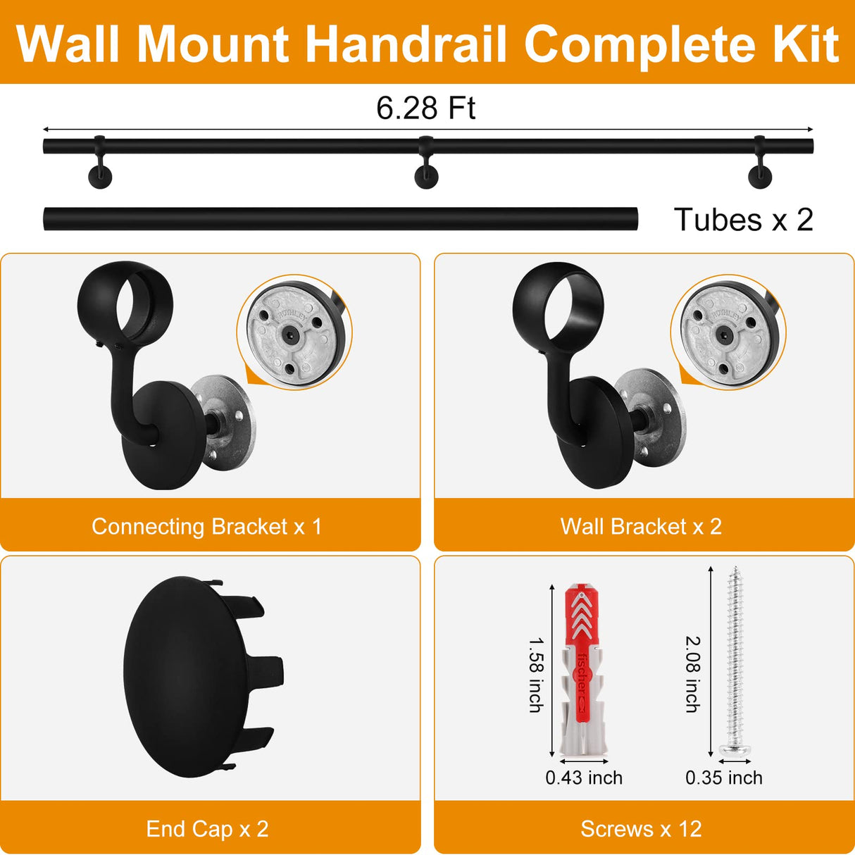 ROTHLEY Pipe Handrails for Indoor Stairs: 6.6FT Stair Railing Steel Hand Railings for Stairs Indoor Wall Mount Stair Handrail Complete Kit 1.6" Round Metal Stair Railing for Elderly & Kids