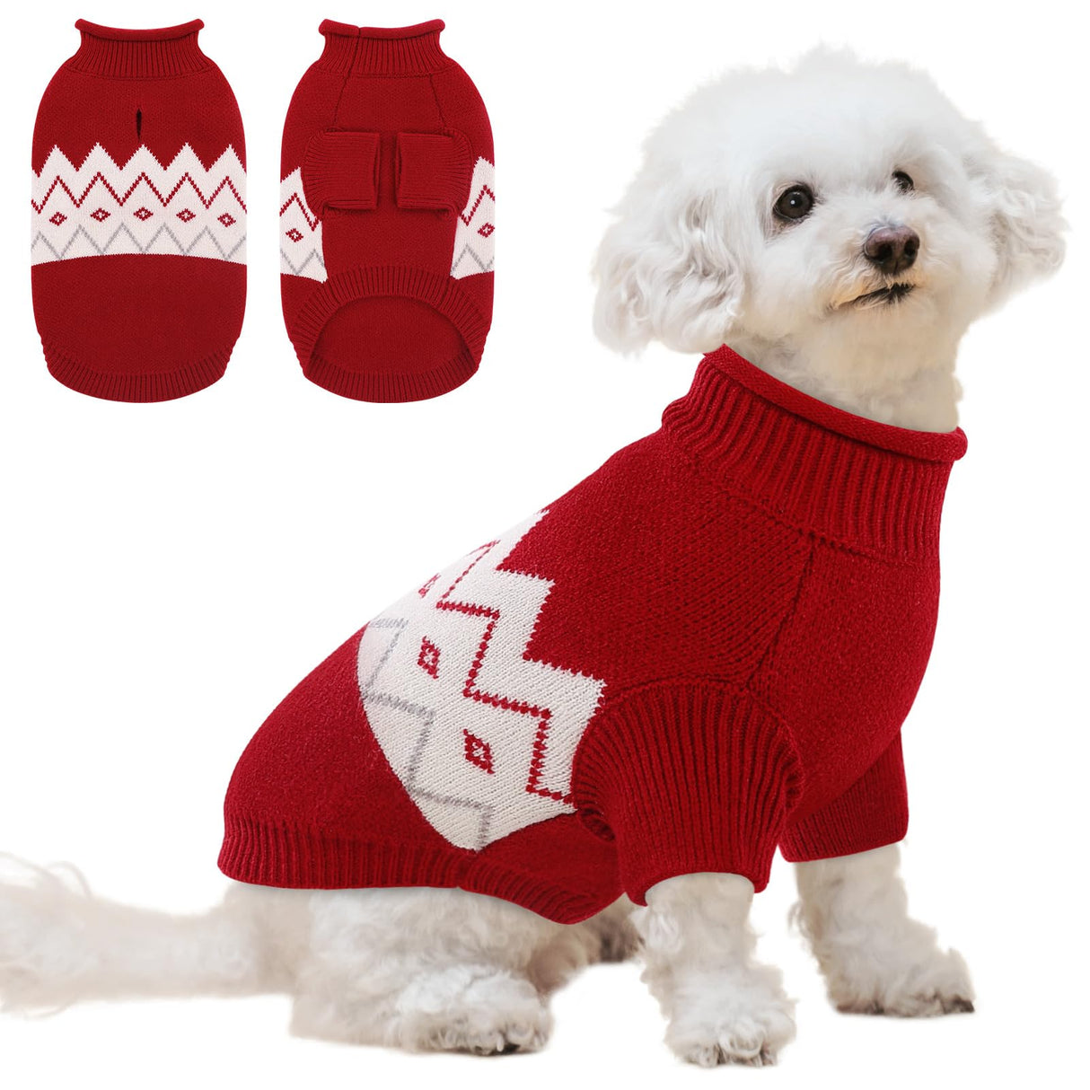 Queenmore Warm Dog Sweater, Soft Pet Knitwear, Knitted Pullover, Winter Pet Clothes for Small Medium Dogs Cats Red