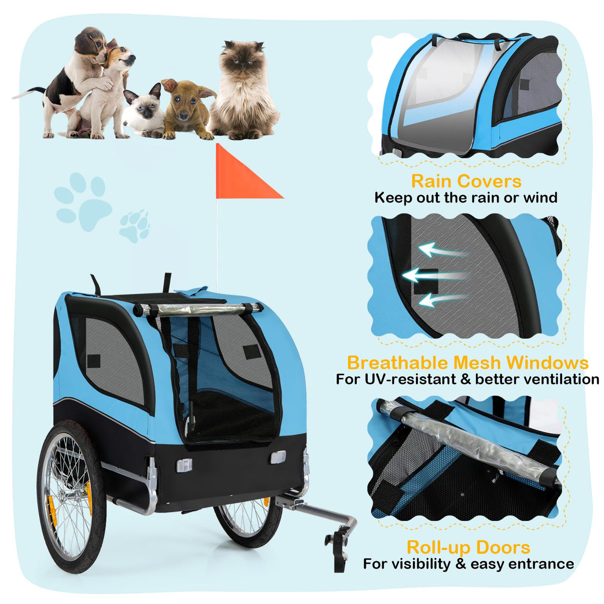 Dog Bicycle Trailer - HAPPAWS Pet Bike Trailer, Dog Carrier for Bike, Cargo Cycle Trailers Wagon Cart w/ 3 Doors, Shock-Absorbent Wheels, Safety Flag, Easy to Connect&Disconnect, Collapsible to Store