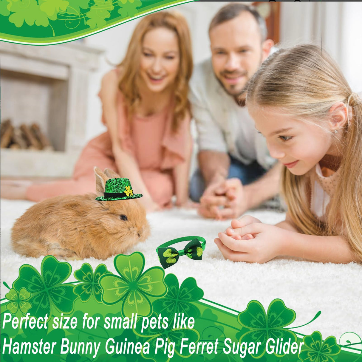 4 Pack St. Patrick’s Day Costume Small Animal Leprechaun Hats Rabbit Shamrock Bow Tie Irish Outfit for Bunny Hamster Guinea Pig Ferret Sugar Glider Lizard (Small)