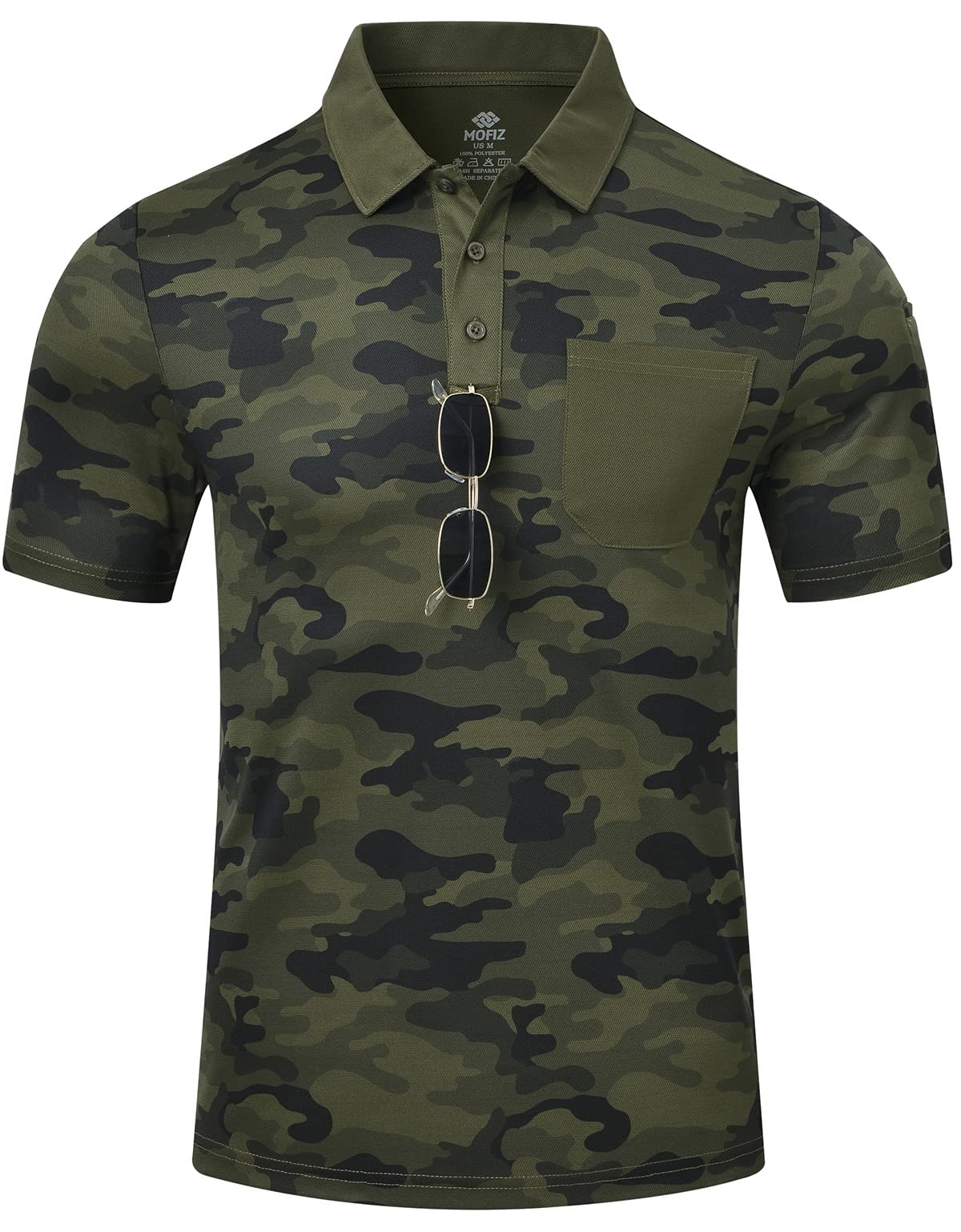 MoFiz Men's Polo Shirts Short Sleeve Quick Dry Outdoor Golf Sports Shirts with Pocket Regular Polo T-Shirt Camo Army Green XL