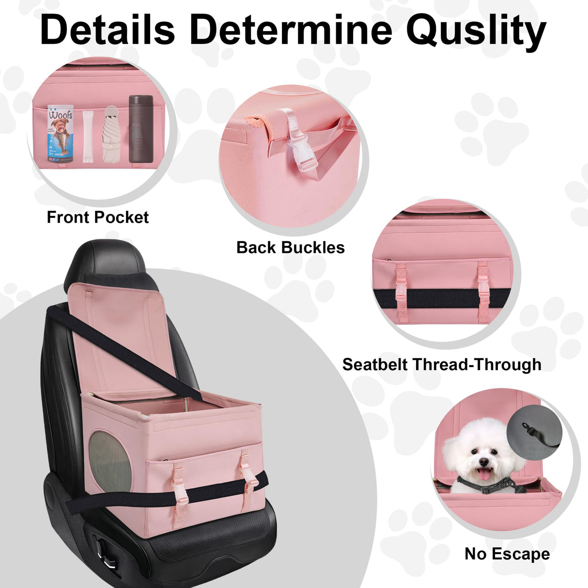 Dog Car Seat for Small Dogs, up to 13lbs, Foldable Dog Car Booster Seat with Non-Slip Bottom, Safety Tether and Storage Pocket, Comfortable Waterproof Fabric, Breathable Mesh Windows, Pink