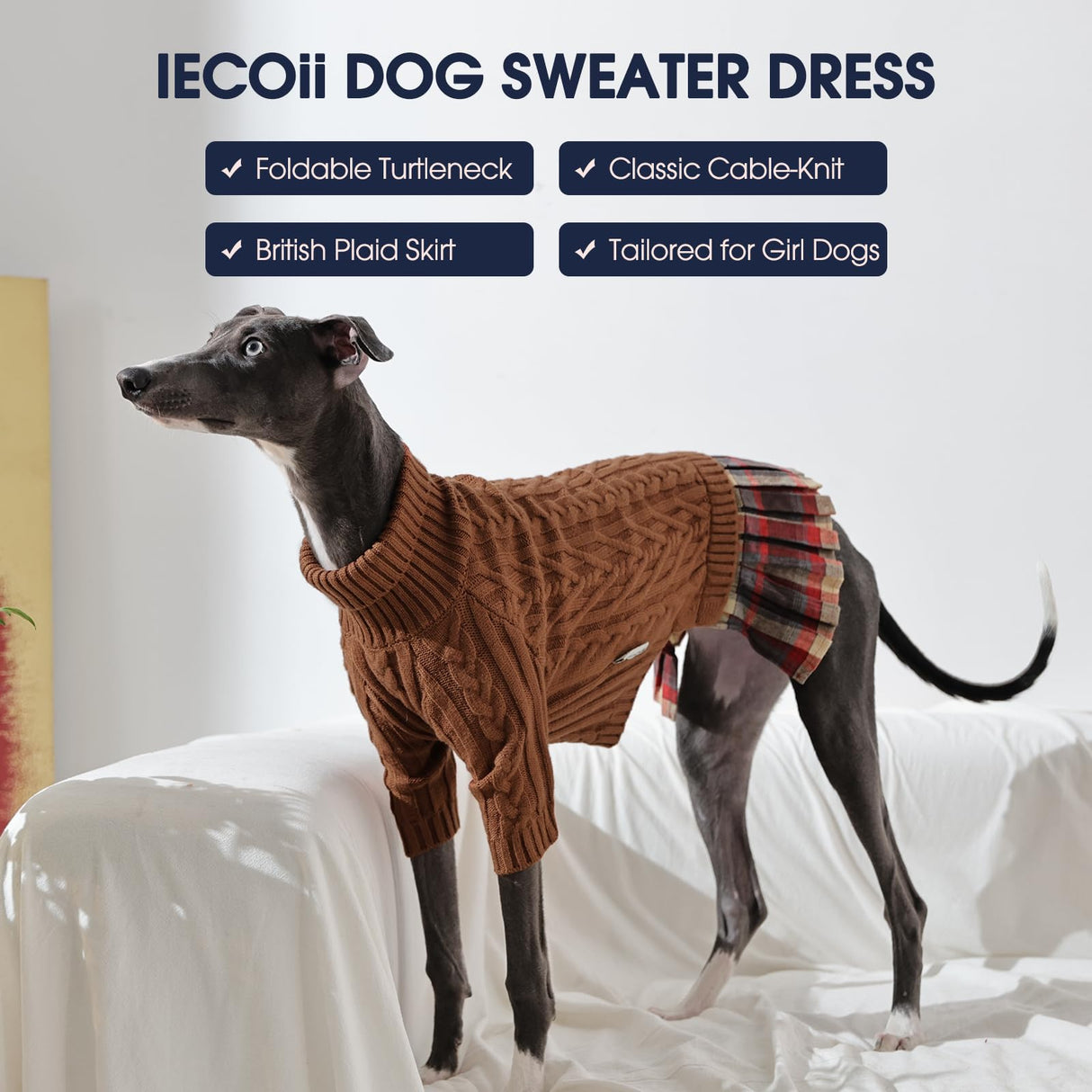 IECOii Girl XXL Dog Sweater Dress, Cozy Cable Knit Dog Sweater for Large Dogs Girl, Caramel,XXLarge, 2XL Pet Pullover Knitted Dress for Winter, Turleneck with Sleeve, Warm Sweaters for Female Pitbull