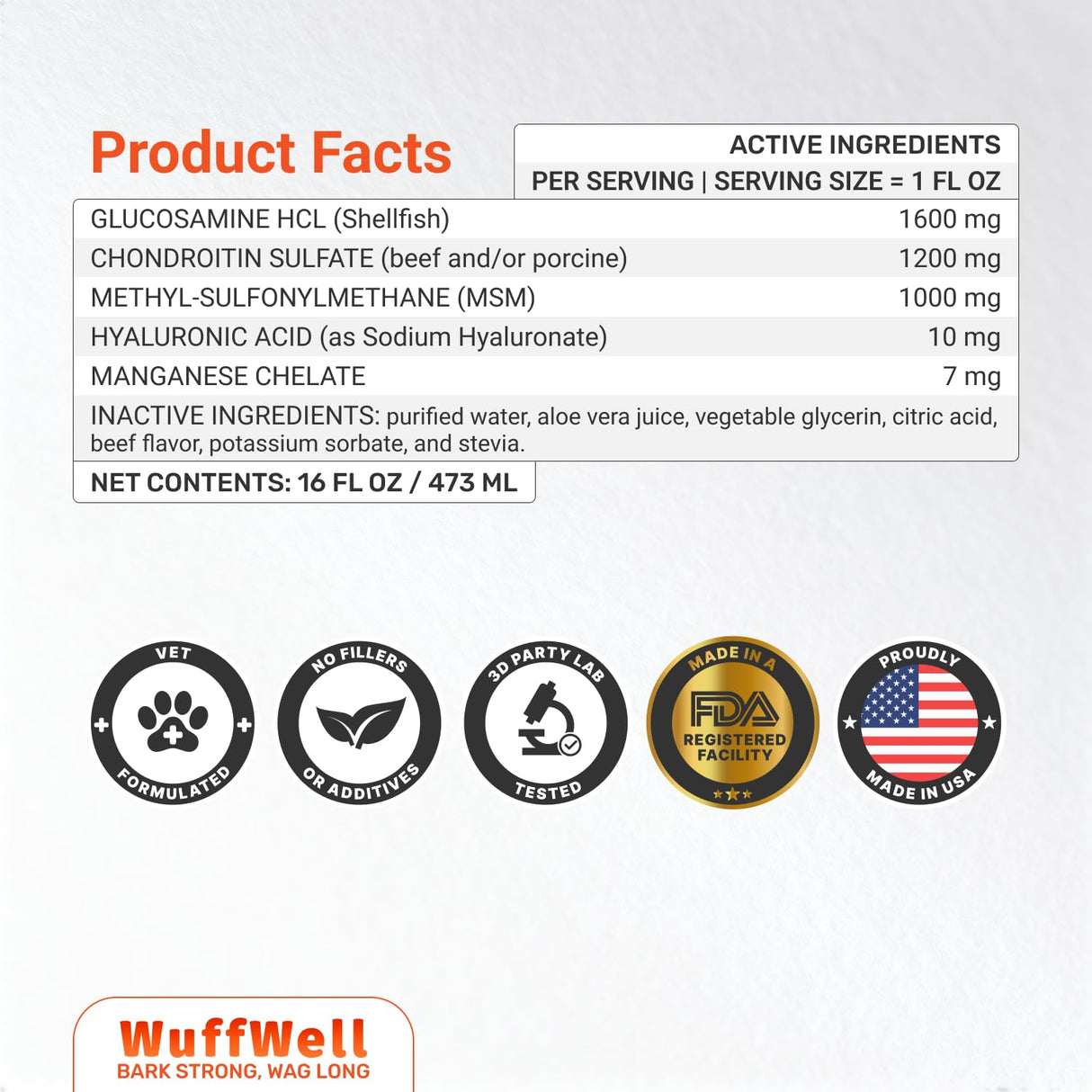 WuffWell Liquid Glucosamine for Dogs - Hip and Joint Support - Made in USA - Glucosamine for Dogs Liquid 16oz - Natural Hip and Joint Supplement - Dog Joint Health - Vet Approved - Easy Dosage