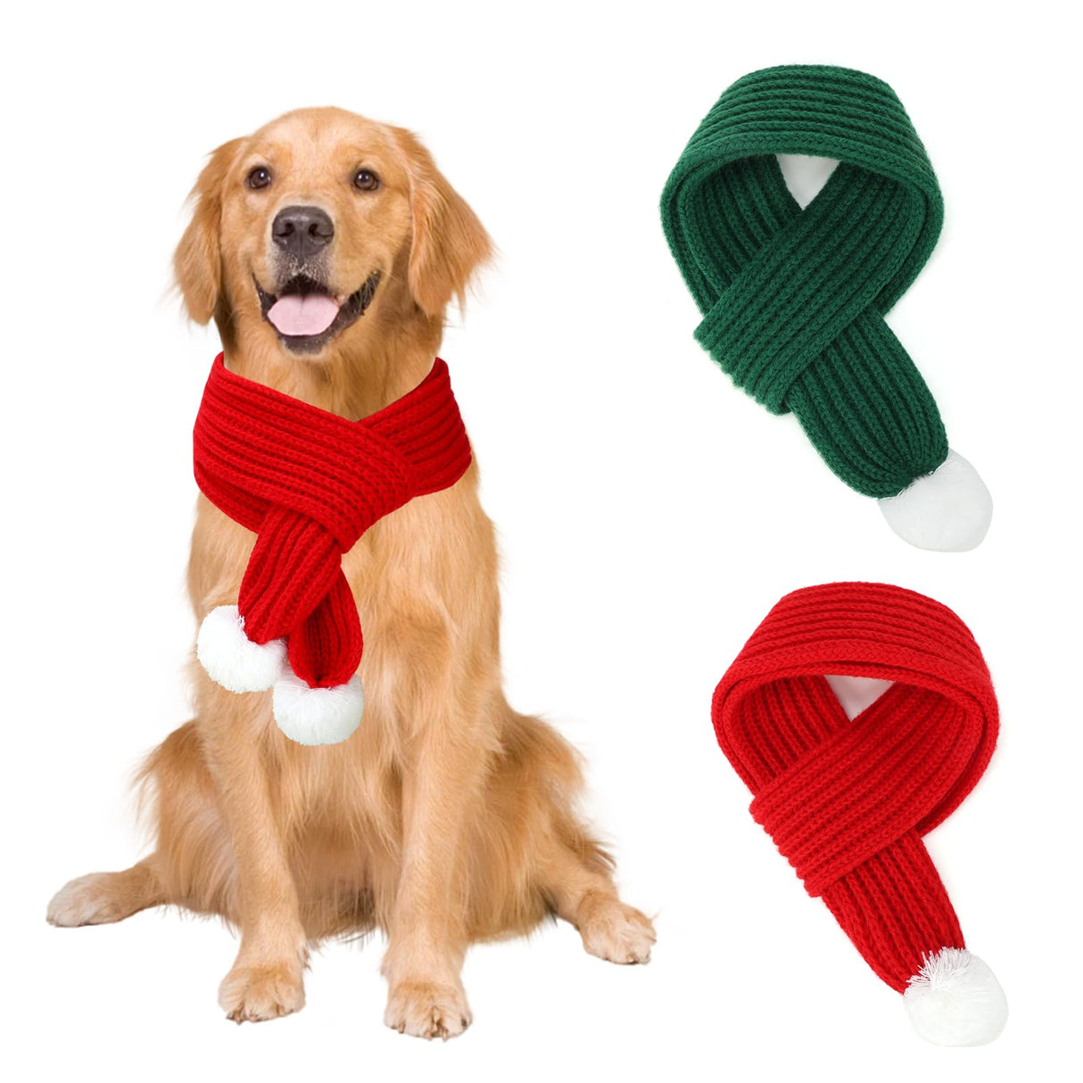 BWOGUE 2-Piece Knitted Dog Christmas Scarf & Bandana with White Pom Pom for Medium/Large Dogs - Winter Warm Holiday Pet Costume Accessory (Red, Green)