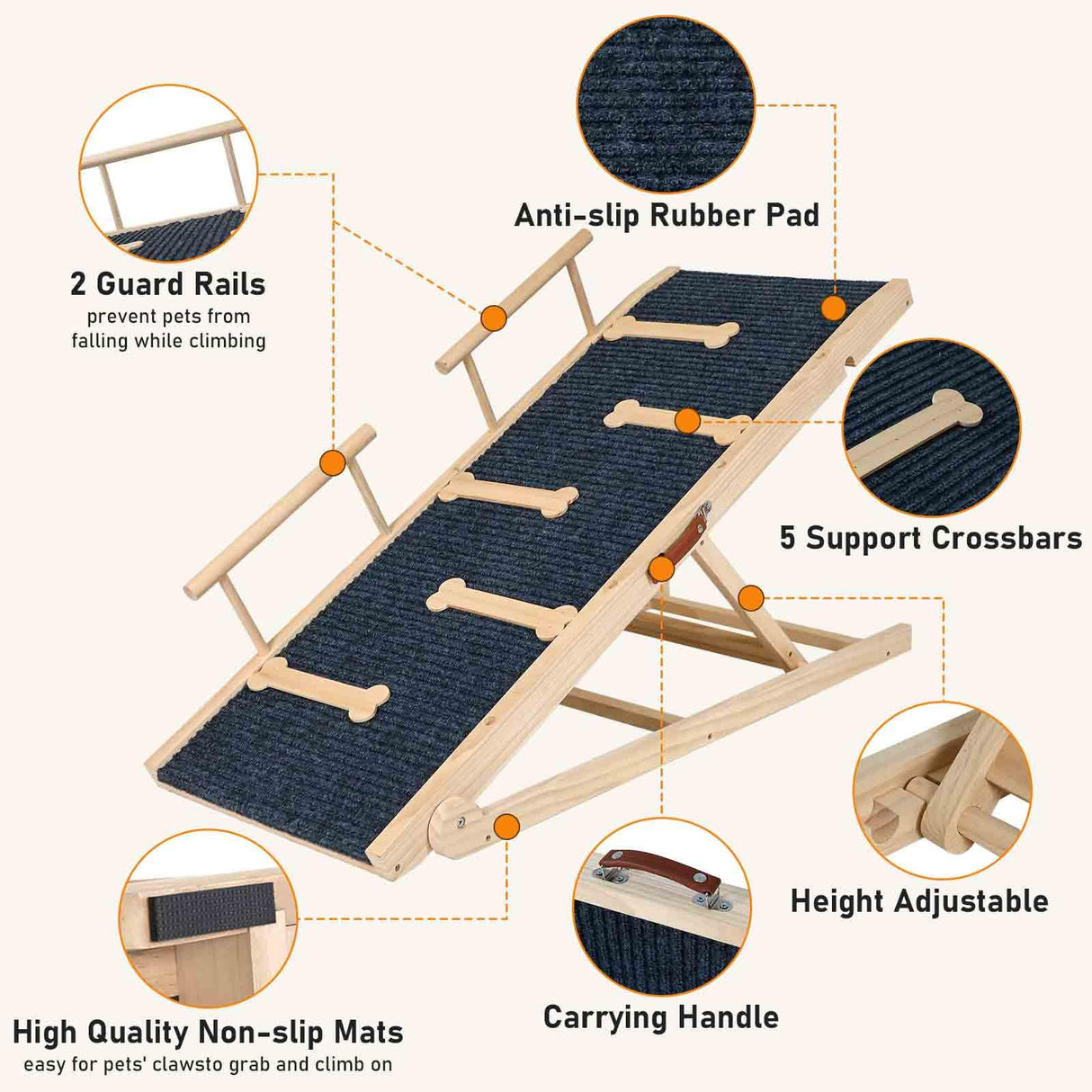 Dog Ramp Adjustable 5 Heights, Non-Slip Design with Leather Handle for Easy Transport & Storage, Perfect for Beds and Couches-Ideal for Small to Large Dogs