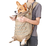 FLAdorepet Dog Carrier Tactical Backpack for Medium Large Dogs,Soft Hands-Free Legs Out Pet Front Cat Dog Carrier Backpack Travel Bag for Outdoor Traveling Hiking Camping (Medium, Khaki)