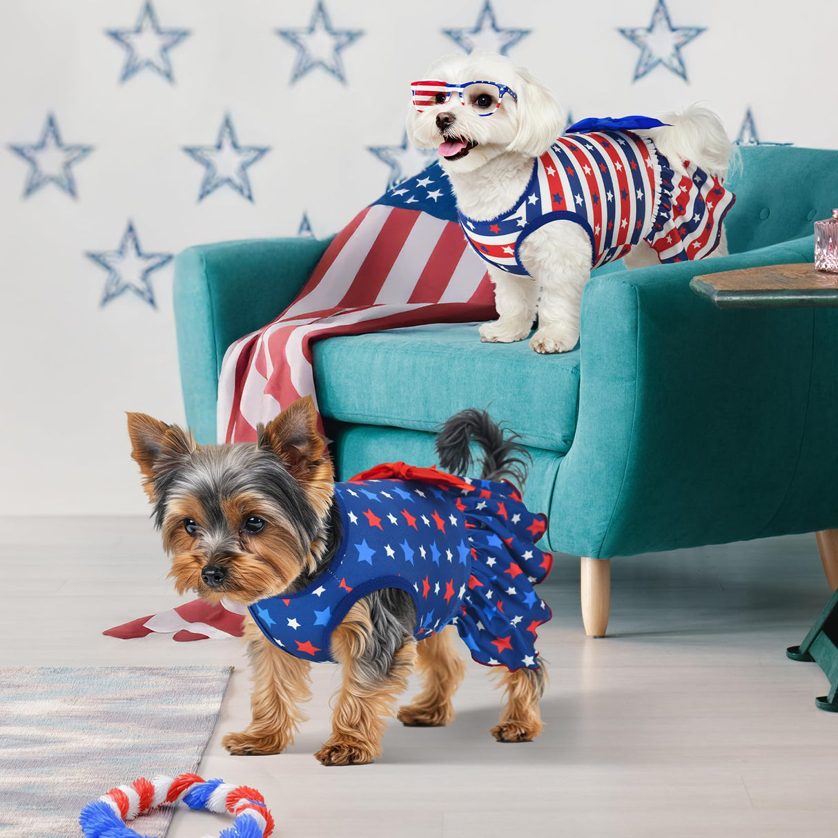 Vehomy 2-Pack 4th of July Dog Dress Independence Day Puppy Cat Dresses USA Flag Pet Clothes Costume Dog Stripes Stars Outfits Skirts for Small Medium Dogs L