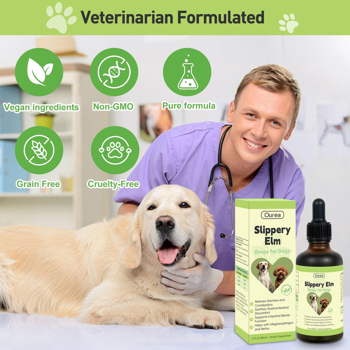 Slippery Elm for Dogs, Organic Herbal Digestive Support Drops for Dog Diarrhea Constipation Sensitive Stomach Acid Reflux, Promotes Healthy Digestion Bowel Function, Liquid Formula for All Breeds
