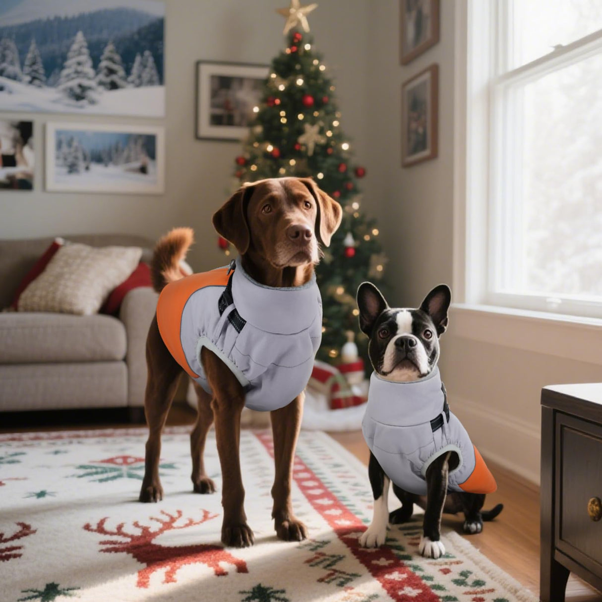 DENTRUN Dog Coat with Harness Built in, Extra Large Water-Repellent Dog Jacket, Turtleneck Windproof Reflective Strips for Great Dane, Orange, XXXL