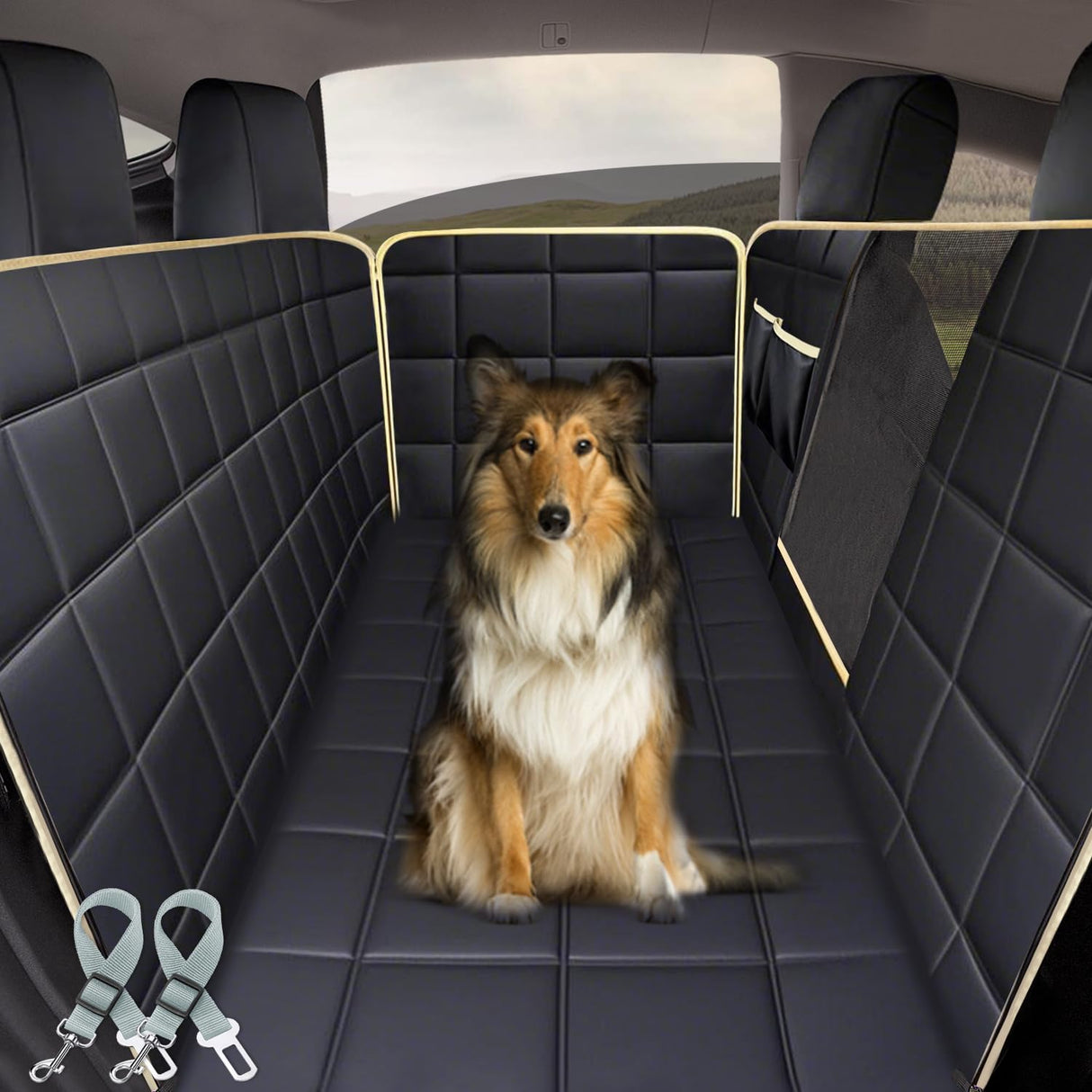 Lassie Dog Hammock for Car, Compatible with 2020-2026 Tesla Model Y Dog Seat Covers,Dog Car Seat Cover for Back Seat with 4 Headrests and 2 Seat Belts, 100% Waterproof Pet Seat Protector for Dogs