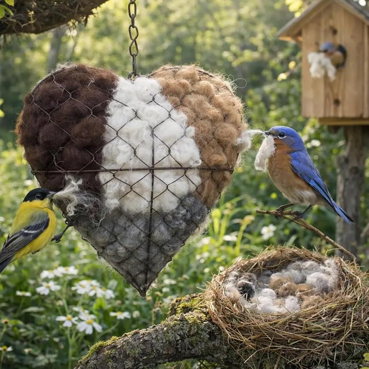 YAGUAN 1Set Handmade Fiber Bird Nesting Heart, Refillable Birds Haven 1 Heart Shape Hummingbird Nesting and 2 Bags of Nest Materials, Winter Fowl Gifts Animal Hummingbirds Lovers Home Garden Yard
