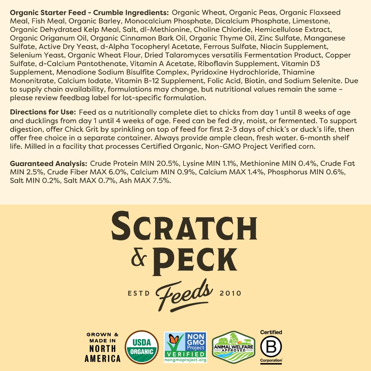 Scratch and Peck Feeds Whole Grain Starter Crumbles Chicken and Duck Feed - 25 lbs Bag - Corn-Free and Soy-Free - 20.5% Protein, Certified Organic and Non-GMO Project Verified Chicken Food