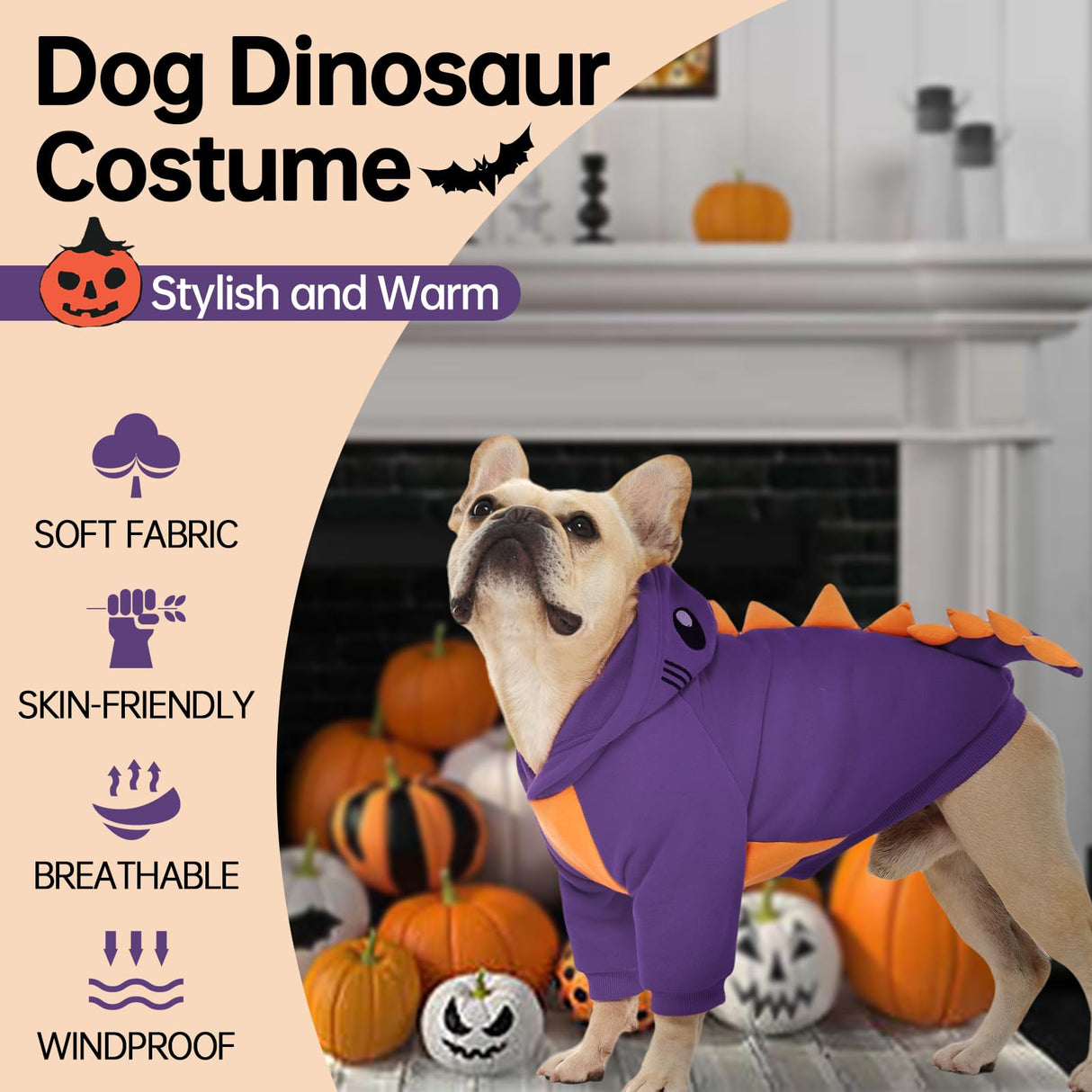 QBLEEV Dog Dinosaur Winter Coat, Warm Soft Knit Pullover Jacket with Hood for Cold Weather, Cozy Fleece-Lined Sweatshirt with 3D Dino Spikes, Stretchy Cute Pet Outerwear for Small Medium Large Dogs