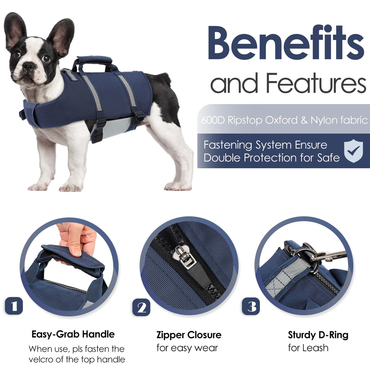 AOFITEE Dog Life Jacket, Dog Life Vest with Zipper and High Flotation, Reflective Dogs Swimming Vest, Adjustable High Buoyancy Pet Swimsuit Lifesaver for Small Medium and Large Dogs, L