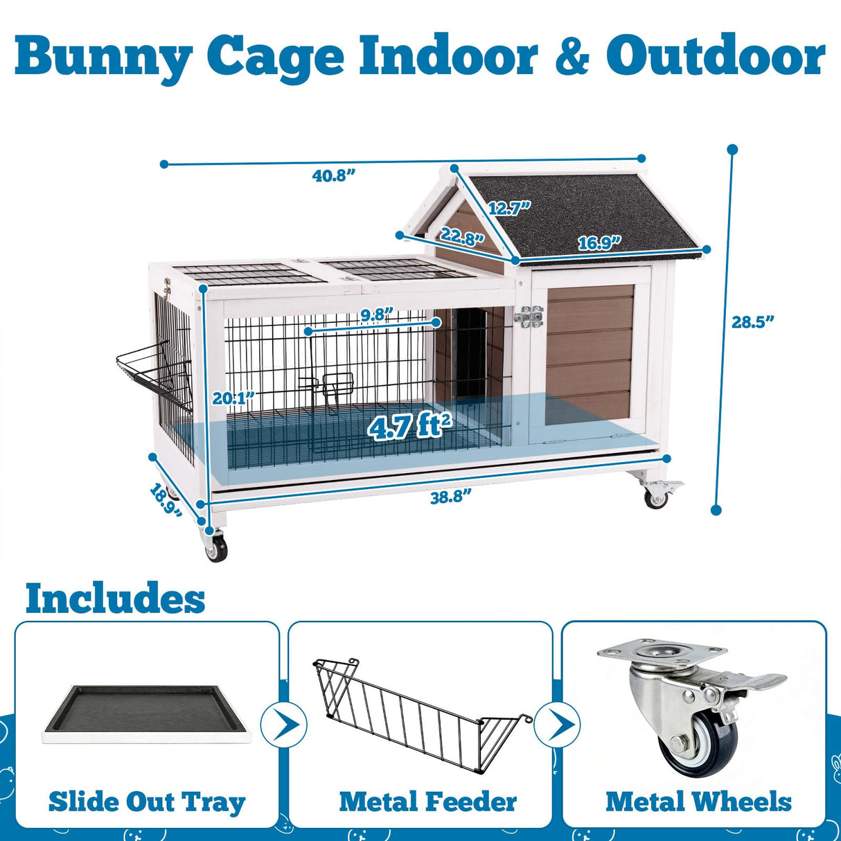 FunXplore Rabbit Hutch Indoor Outdoor Rabbit Cage Bunny Hutch with Casters, Urine Baffles Bottom Wire Floor Leakproof Tray Metal Feeder Openable Roof