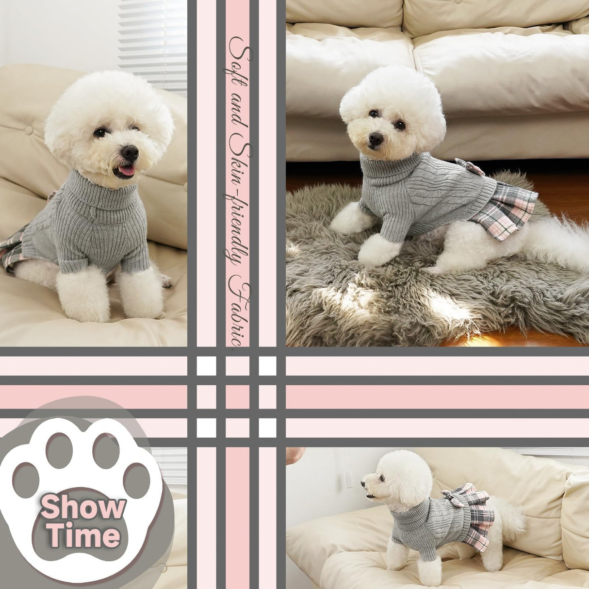YUDODO Dog Sweater Dress for Dogs Girl with Bowtie Turtleneck Knitted Pet Dress Dog Winter Clothes Warm Sweaters for Puppy Yorkies Chihuahua Grey L