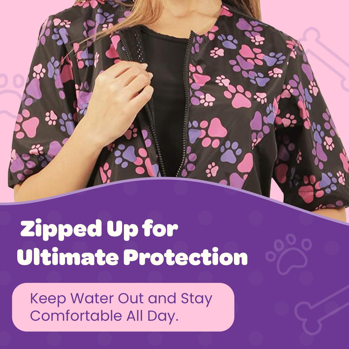 Ladybird Line 725 Pink and Purple Paw Print Waterproof Dog Grooming Smock, Hair and Bleach Resistant with Covered Zipper Panel, Solid Black Back, and Back Tie Belt - Ideal for Pet Groomers - L