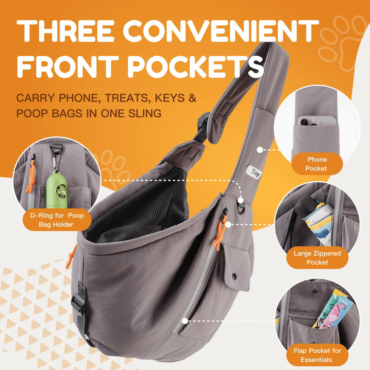 Tirige Pet Sling Carrier for Small Dogs and Cats, Hands-Free Crossbody Bag with Safety Leash, Multiple Pockets, Gray, 5-15 lb