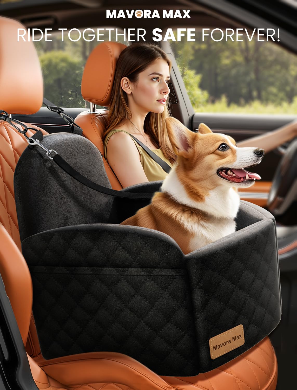 Mavora Max Dog Car Seat for Small/Medium Dogs, Elevated Dog Booster Seat Memory Foam Puppy Car Seat with Washable Cover, Travel Safety Pet Seat for Car with Storage Pockets Up to 35 lbs (Black)