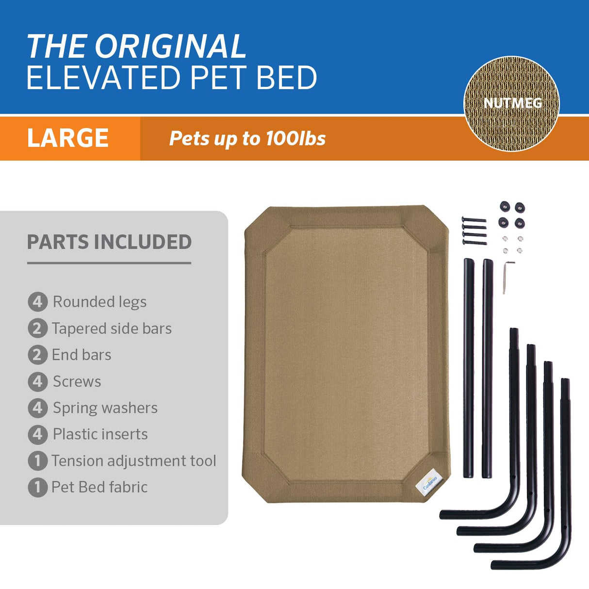 Coolaroo Original Elevated Dog Bed - Breathable Off-The-Ground Pet Bed with Cooling Fabric, Joint Relief & Moisture-Resistant Fabric, 100% Recyclable, Easy Clean, Nutmeg, Large