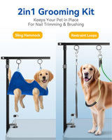 Adjustable Foldable Dog Grooming Arm with Clamp, 26–40 in Height, Safety Hammock & No-Sit Holders, Grooming Restraint for Small & Medium Dogs