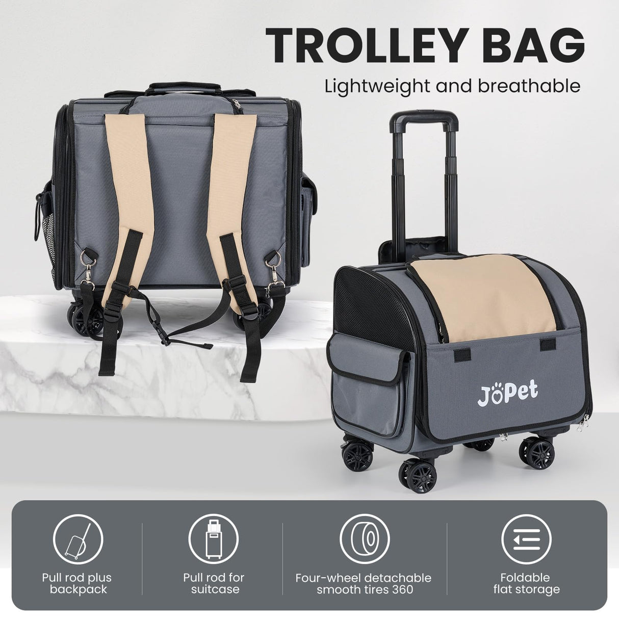 JoPet Pet Bag Carrier with Wheels, Pet Backpack with Wheels, Small Dog Carrier, cat Carrier, Detachable Wheels, Travel Bag, Pet Trolley, Soft Sided Carrier with Wheels, Foldable Carrier (Oat Grey)