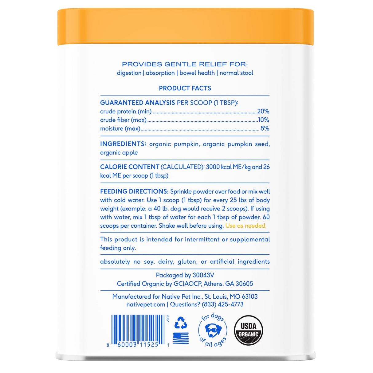 Native Pet Pumpkin for Dogs - Organic Powder Pumpkin Puree Dog Food Toppers -Rich in Fiber Supplement Powder Helps with Digestion, Nutrient Absorption, Diarrhea, Constipation & Upset Stomach-60 Scoops