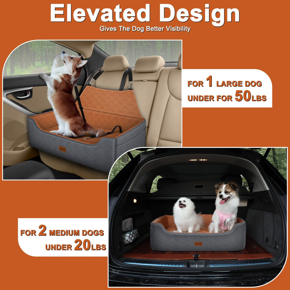 Large Dog Car Seat for Medium/Large Dog Under 55 lbs - Elevated Booster Car Seat for 2 Small Dogs,Removable and Washable,Filling Memory Foam with Safety Leashs and 2 Pockets