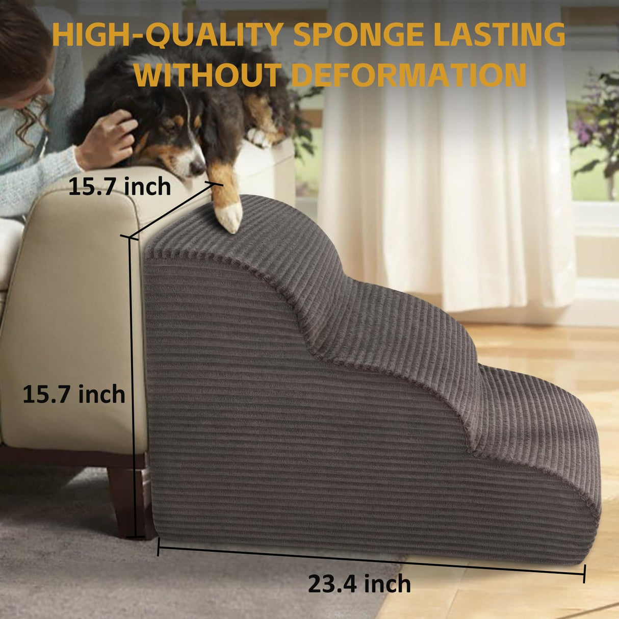 Curved Dog Stairs Ramp for Beds Couches and Chair, 15.7" H, 3-Step Dog Steps for Small Dogs, Pet Stairs for Cats with Non-Slip, Removable and Washable Cover,Balanced Pet Steps Indoor, Deep Grey