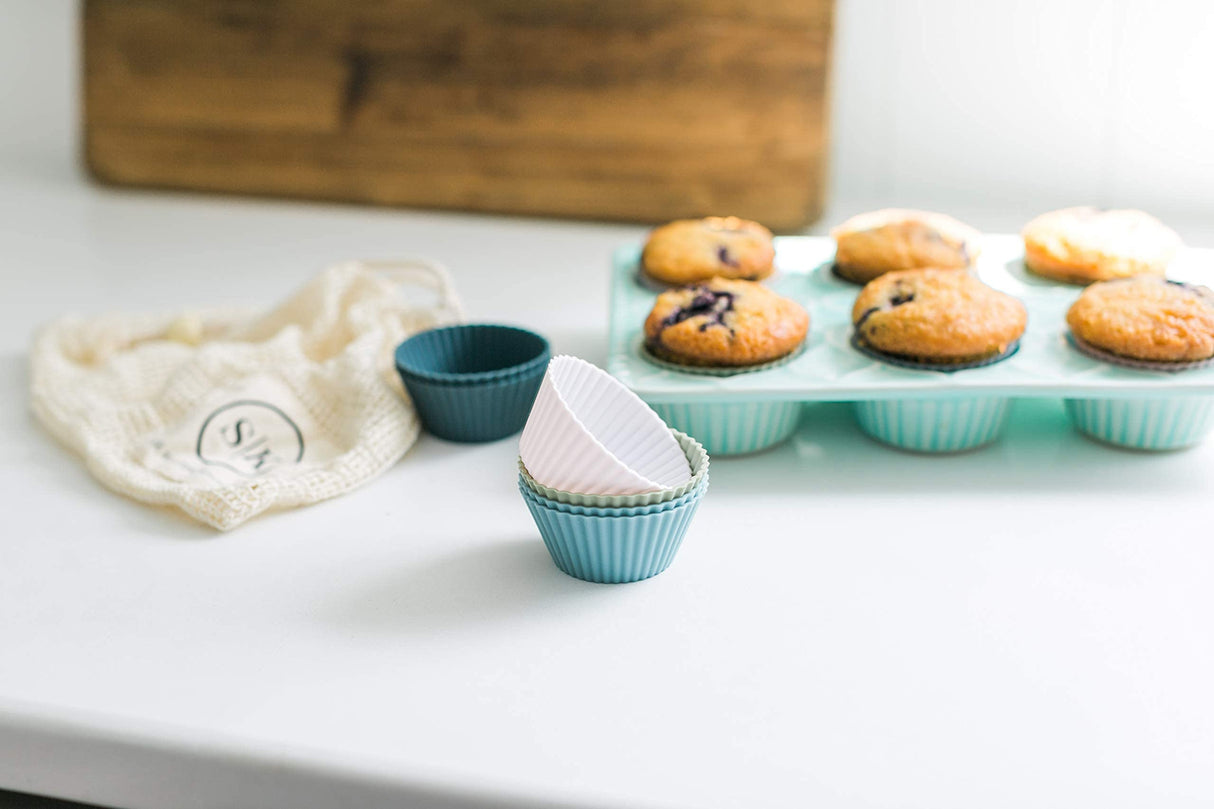 Reusable Silicone Baking Cup Silicone Muffin Liners for Cupcakes, BPA Free, Regular, 12 Pack, White Blue Green