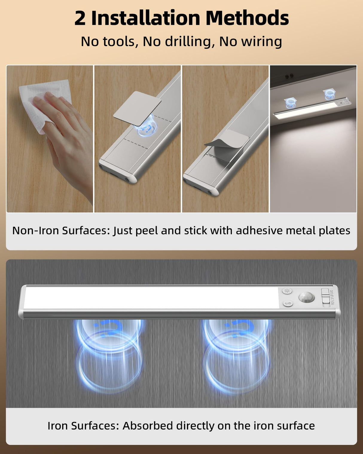 10inch Under Cabinet Lighting, 2500mAh Rechargeable Motion Sensor Lights Indoor with 3 Color Temps, 2 Pack Magnetic Closet Light, 80 LED Dimmable Under Counter Lights for Kitchen, Shelf, Stair