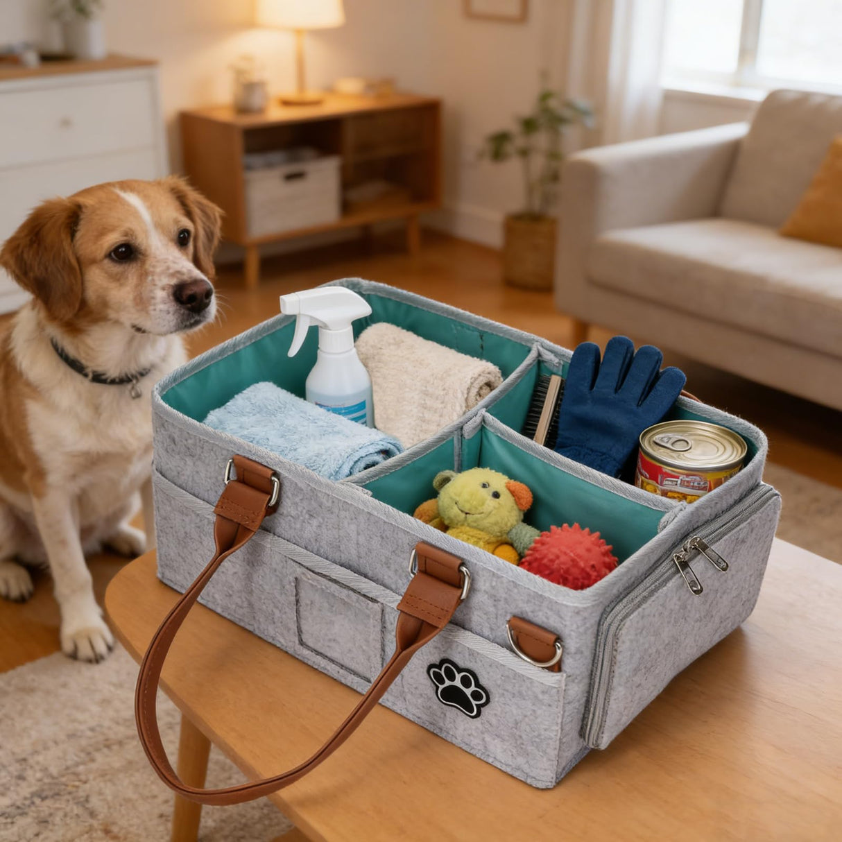 Brabtod Felt Dog Grooming Bag, Pet Portable Tote Bag with Handle, Dogs Storage Organizer, 3 Compartments Caddy with 8 Pockets, Ideal for Dog Cat Grooming Tool Kit/Diaper/Blanket/Pads-Gray